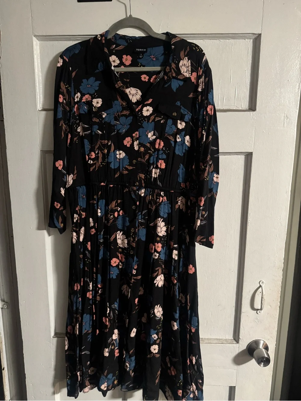 torrid Black Floral Long-Sleeve Button Shirt Dress with Blue and Pink Flowers